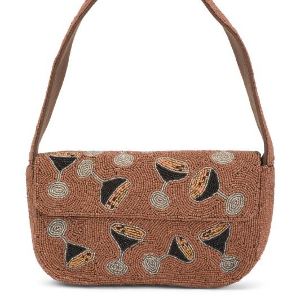 🍸 BNWT Hand-Beaded Martini Shoulder Bag | Brown Cocktail Print | Viral TikTok I